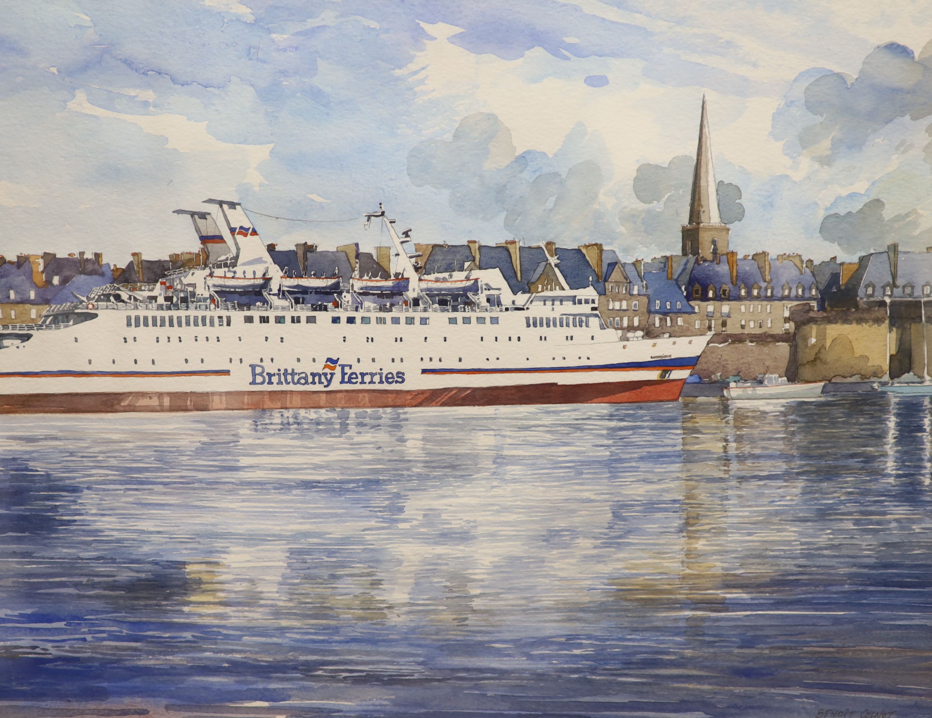 Benoit Colnot, watercolour, Brittany Ferry entering harbour, signed and dated 1993, 36 x 44cm
